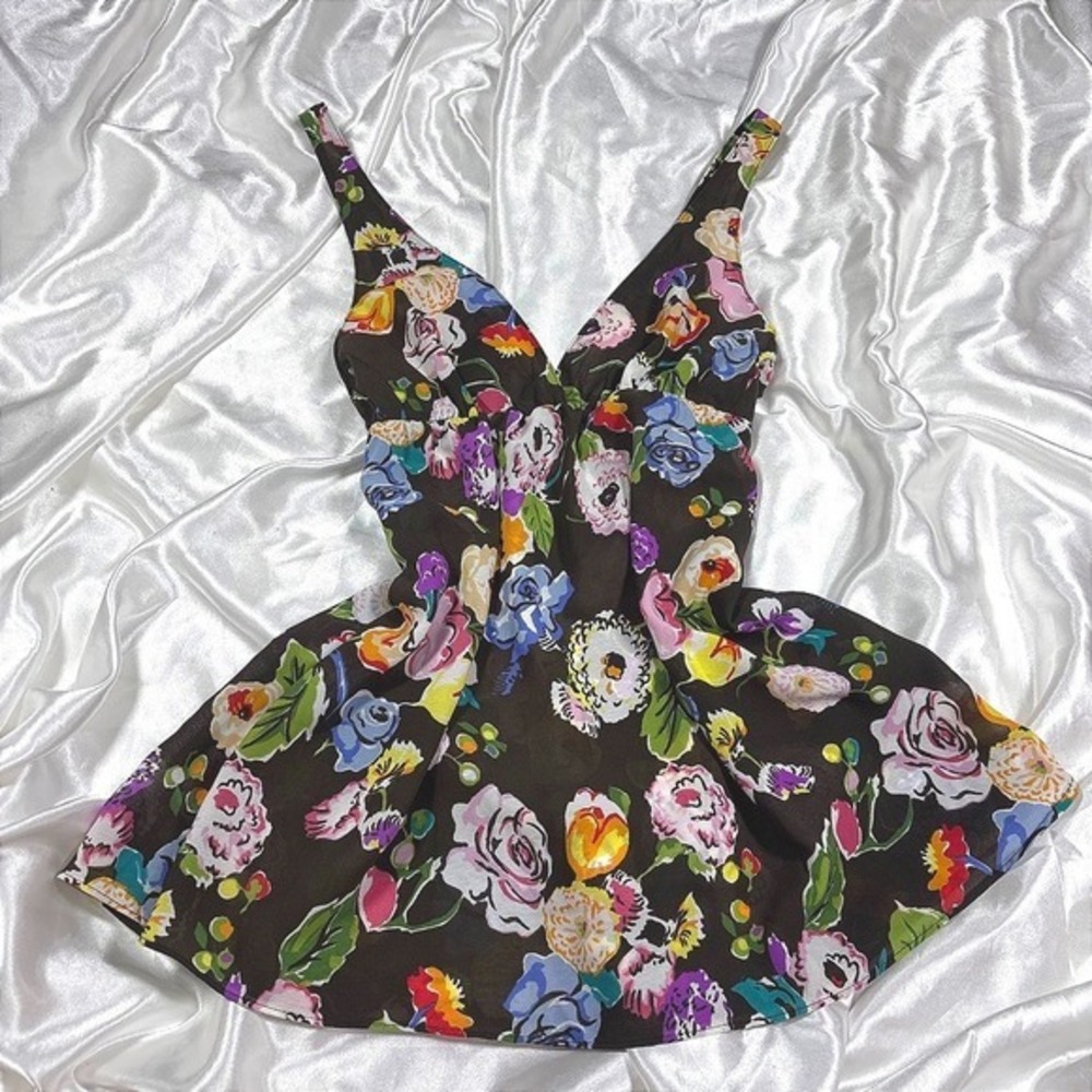 y2k Oscar de la Renta Pink Label Camisole Brown Excellent Floral V-Neck Top XS